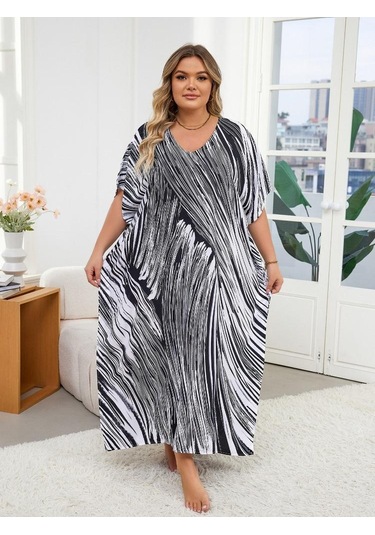Edolynsa Siyah Çizgili Bol Kadın Kaftan Sabahlık Büyük Boy Ev Giyimi Rahat Giyim Yazlık Giyim Mayo Üst Kıyafet Q1594 Çok Renkli