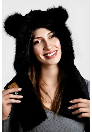 Uniquetrenders Kadın Kulaklıklı Boyun Bağlamalı Yumuşak Peluş Şapka Siyah