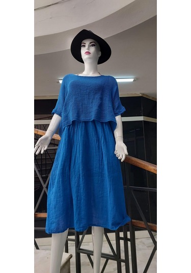 İtalyan Müslin Keteni Üstü File Bluzlu Astarlı Tek Parça Elbise Saks Mavisi