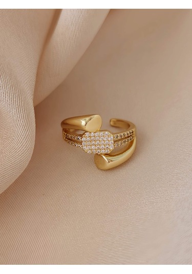 Üçlü Çapraz Zirkon Taşlı Model Ayarlanabilir Gold Altın Renkli Yüzük Gold