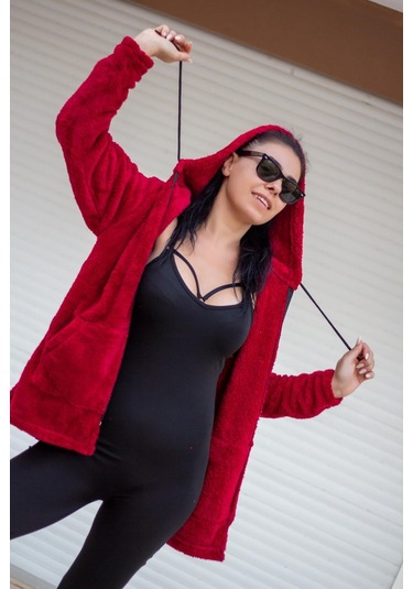 Kadın Kırmızı Peluş Kalın Fermuarlı Kapüşonlu Cepli Ceket 23kcktmy50 001