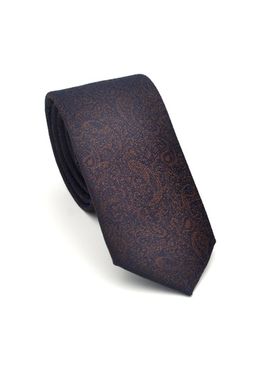 Şal Desenli Kahverengi Dokuma Kumaş Mendilli Slim Fit Kravat // Sdk-2508-4 Kahverengi