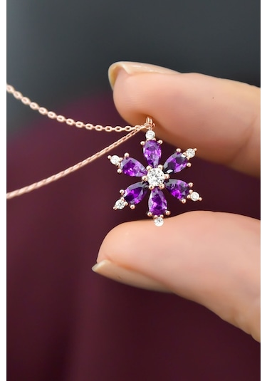 925K Gümüş Zincirli Ametist Taşlı Rose Lotus Kamelya Çiçeği Kolye