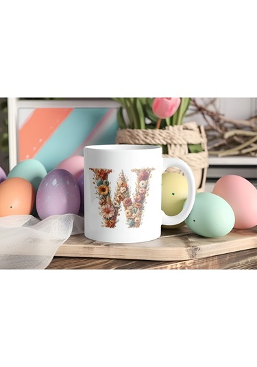 W Harfi Çiçek Desenli Kupa Bardak - Alfabe Harfleri İle Doğal Çiçekli Kupa - Hediye Fikir Beyaz