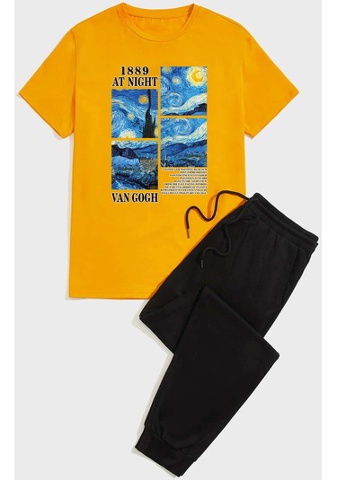 Unisex Van Gogh Baskılı Eşofman Takımı Turuncu Siyah