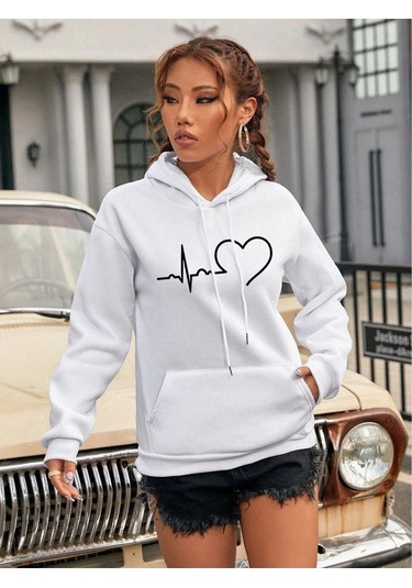 Kadın Kalp Çizgi Baskılı Oversize Beyaz Kapşonlu Sweatshirt Beyaz