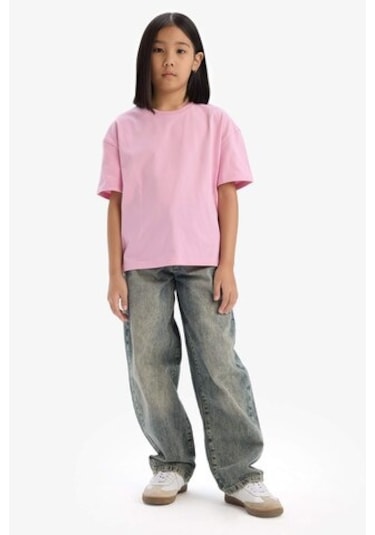 DeFacto Kız Çocuk Relax Fit Bisiklet Yaka Basic Düz Kısa Kollu Tişört D9099A825SMPN444 Pembe