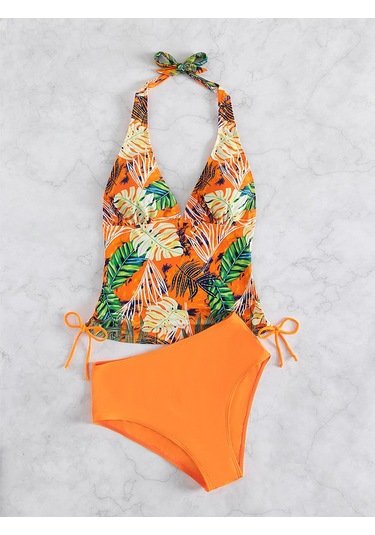 Mayo Kadın Bölünmüş Üçgen Dantel Katı Yaprak Baskılı Bikini Mayo Turuncu