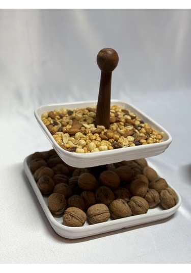 Aless 2 Katlı Ahşap Kulplu Seramik Sunumluk Çerezlik Meyvelik