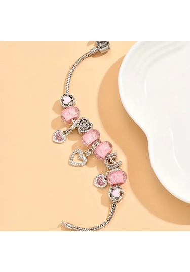 Worldshop Pembe Taşlı Kalp Charmlı Bileklik