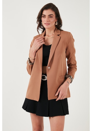 Lela Standart Fit Mono Yaka Desenli Astar Detaylı Blazer Bayan Ceket 6524003 Camel