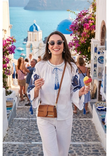 Lela Nakışlı Oversize Fit Bağlamalı Hakim Yaka Bayan Gömlek 676206 Beyaz