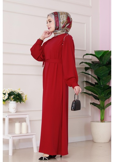 Omuzu Taş Detaylı Rose Elbise-kırmızı-4770 Kırmızı