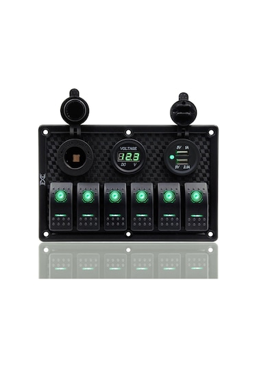 Bfy Switch Panel 6'Lı Voltmetre +Çakmaklık+ Usb Yeşil