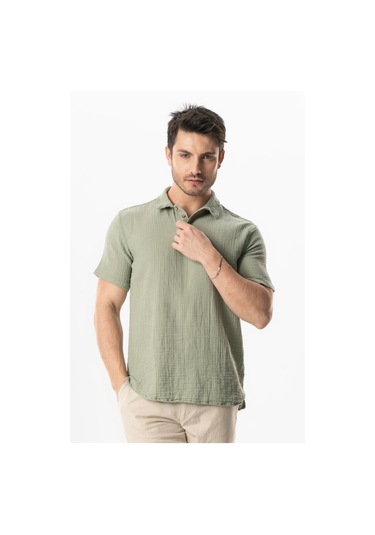 Kısa Kol Polo Yaka Müslin Yazlık Tshirt Yağ Yeşili Ygysl Yağ Yeşili