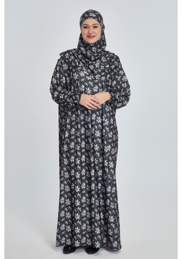 Pratik Tek Parça Manolya Desenli Namaz Elbisesi Koyu Siyah