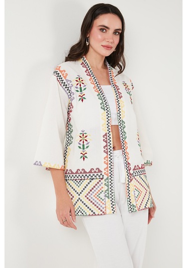 Lela Nakış Işlemeli Pamuklu Oversize Fit Truvakar Kol Bayan Kimono 676272 Ekru