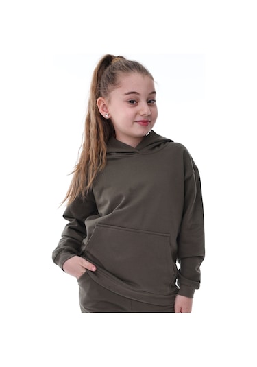 Basic Kapüşonlu Şardonlu Kanguru Cep Detaylı Çocuk Sweatshirt 3-10 Yaş Ekru Haki