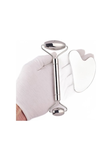 Paslanmaz Çelik Yüz Rulo Gua Sha Aracı Seti Yüz Bakımı Masaj Kristal Yeşim Rose Kuvars Sağlık Karşıtı Masaj Yüz Bakım Aracı Bdjjro Gümüş