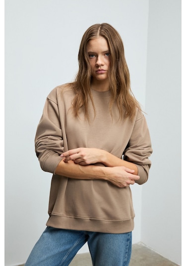 KARIUS Kadın Organik Pamuklu İçi Polarlı Oversize Yuvarlak Yakalı Açık Kahverengi Sweatshirt