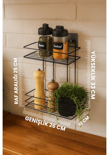 2 Katlı Siyah Mutfak Askısı, Baharatlık Rafı - Duvara Monte, Yapıştır/vidala, Paslanmaz Metal 26 X 33cm Tş-02 Siyah