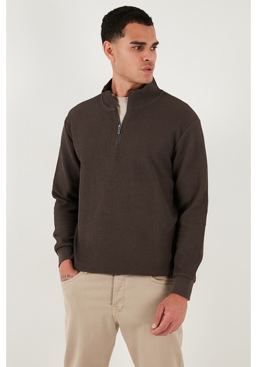 Buratti Pamuklu Regular Fit Yarım Fermuarlı Dik Yaka Erkek Sweat 5905716 Koyu Kahve