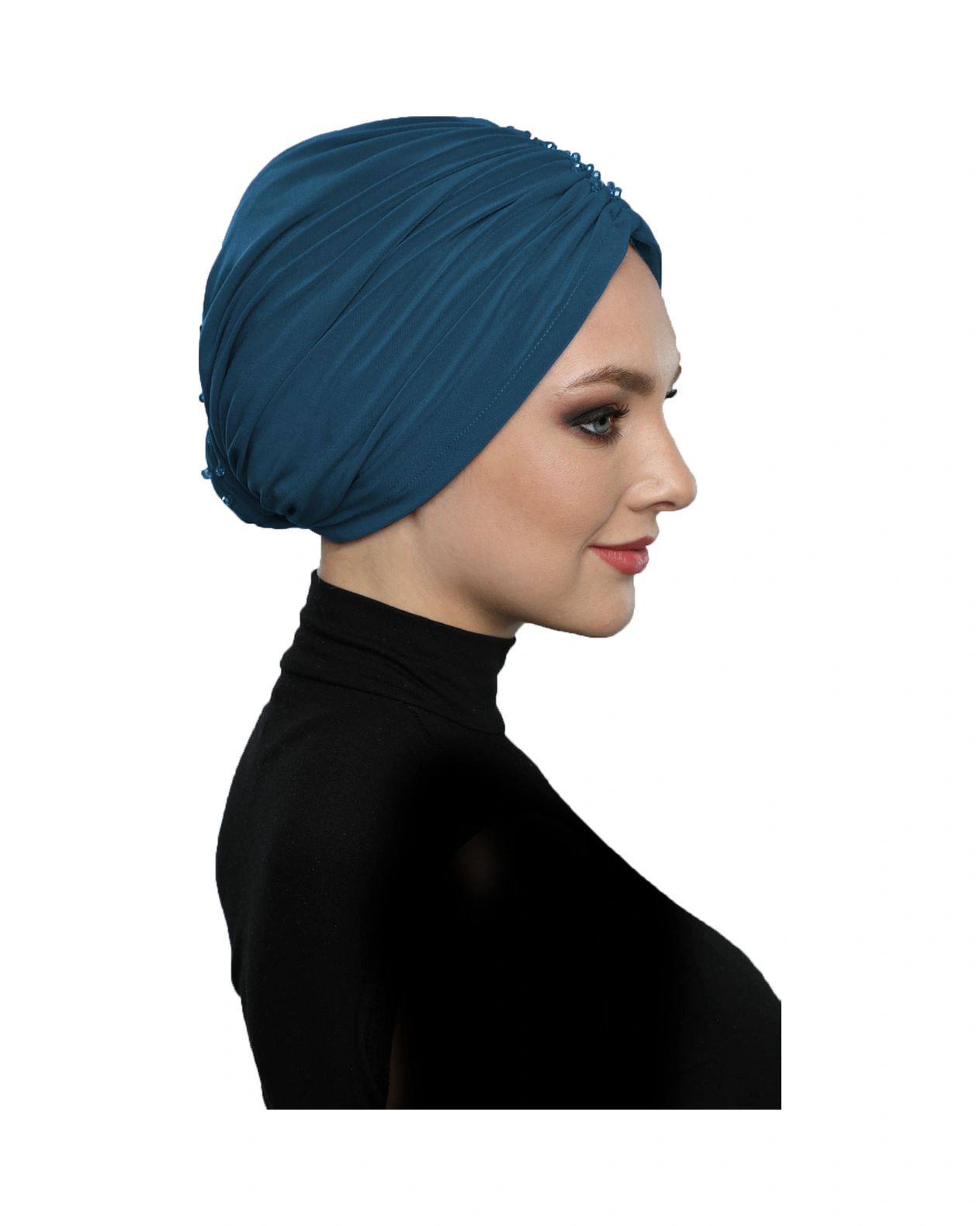 Kristal Yelpaze Taş Işlemeli Çift Taraflı Astarlı Petrol Hazır Türban Tesettür Abiye Bone Petrol