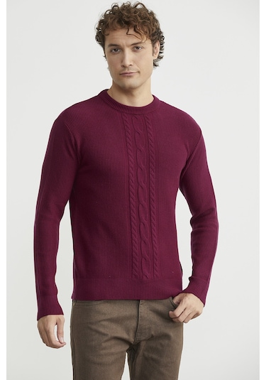 Sementa Motif Detaylı Bisiklet Yaka Triko Kazak - Bordo Bordo