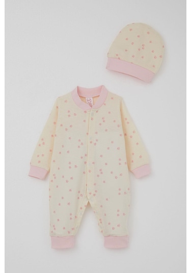 Breeze Kız Bebek Tulum Çiçek Desenli 0-6 Ay, Krem Krem