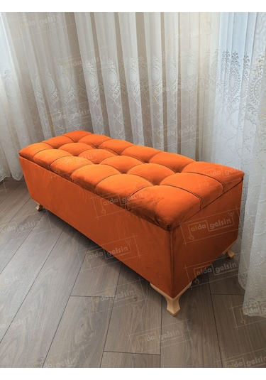 Lüks Çizgi Kapitoneli Sandıklı Puf Bench 120 Cm Gold Ayak Turuncu