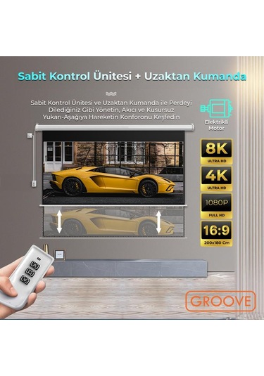 Groove Vizio Pro 200x180cm Blackout Işık Geçirmez Elektrikli Otomatik Kumandalı Projeksiyon Perdesi +motorlu+canlı Renkler+göz Koruması+leke Tutmaz Projector