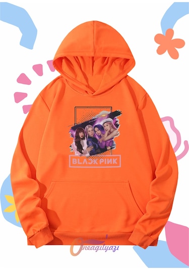 Çocuk Unisex Blackpink Kızlar Baskılı Oversize Kapüşönlü Sweatshirt Turuncu