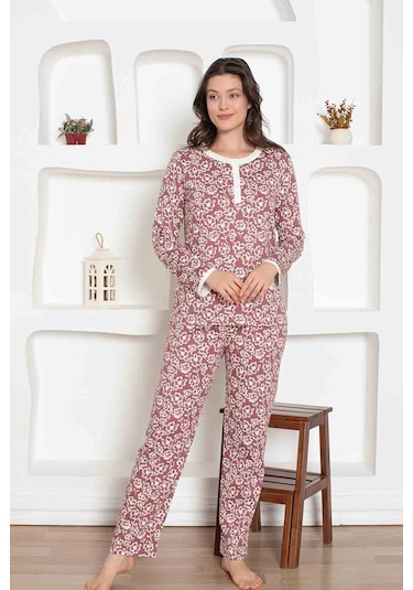 Kadın Çiçek Desen Bisiklet Yaka 3 Düğmeli %100 Pamuk Penye İnce Yazlık Uzun Kol Pijama Takımı MÜRDÜM Kadın Çiçek Desen Bisiklet Yaka 3 Düğmeli %100 Pamuk Penye İnce Yazlık Uzun Kol Pijama Takımı MÜRDÜM