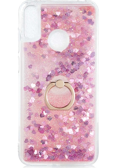Noktaks - Huawei Uyumlu Huawei Y7 Prime 2019 / Y7 2019 - Kılıf Yüzüklü Simli Sıvılı Milce Kapak - Pembe