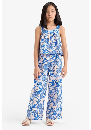 DeFacto Kız Çocuk 2'li Takım Keten Görünümlü Desenli Kolsuz Bluz Pantolon E6610A825HSER134