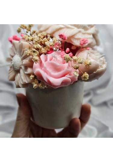 El Yapımı Gül Ve Papatya Mum Alçı Saksı Hediyeli