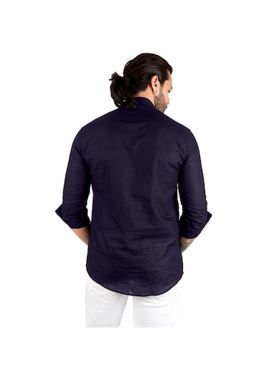 Deepsea Erkek Lacivert Yarım Düğmeli Hakim Yaka Flamlı Keten Gömlek 2201914 Lacivert