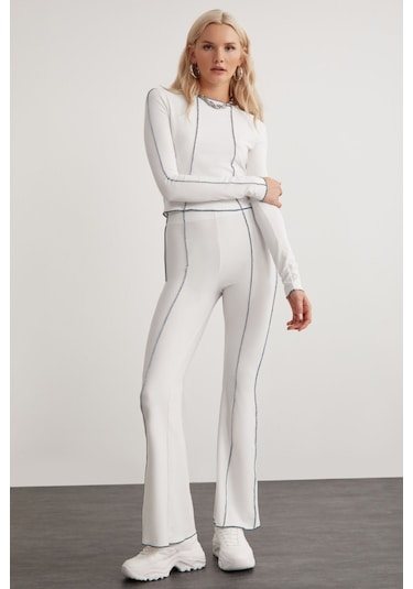 Fatima Kadın Beyaz Dikiş Detaylı Wide Leg Beyaz Pantolon