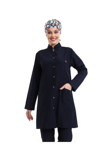 Lacivert Tesettür Full Çıtçıtlı Hakim Yaka Bahar Alpaka Scrubs Fo