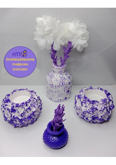 Mor Dekoratif Mumluk Obje Çiçekli Vazo Takımı Süsler Dahil Mor