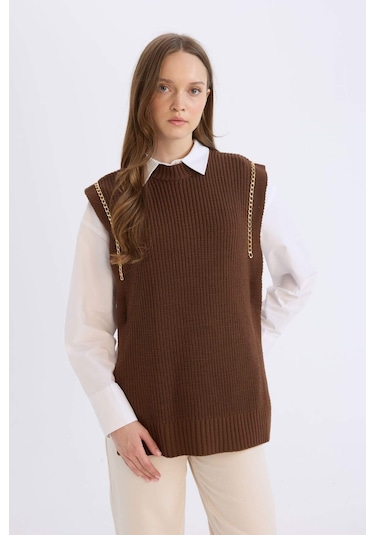 Defacto Yarım Balıkçı Yaka Basic Düz Yan Yırtmaçlı Süveter D5022ax24aubn585 Kahve