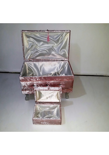 Çeyiz Sandık Kapitone Model 2 Lü Set Pembe Kadife Kumaş İçi Kırmızı Tela Kutu Sevk El Yapım