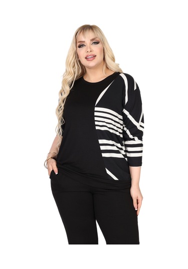 Melsay Butik Siyah Truvakar Kol Yarım Çizgi Garnili Viskon Büyük Beden Takım Siyah