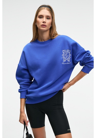 AUDRA Kadın Oversize Yuvarlak Yaka Nakış Detaylı Mavi Sweatshirt