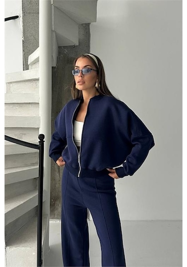 Neşeli Butik Kadın 3 İplik Şardonlu Oversize Eşofman Takımı Nbg105 Lacivert