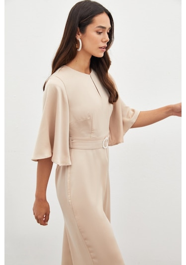 Sateen Kemerli Krep Tulum - Bej