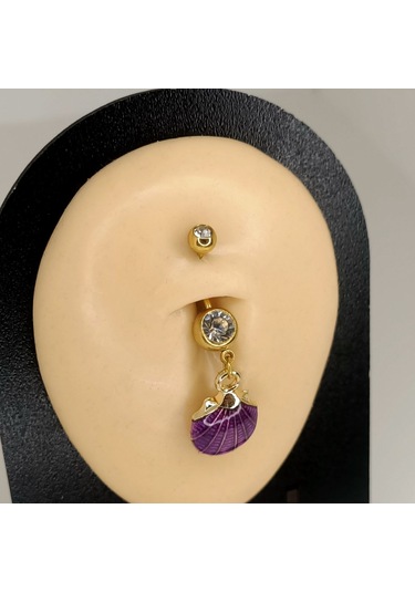Aya Tasarım Gold Renk Mor İstiridye Figürlü Göbek Piercing Altın