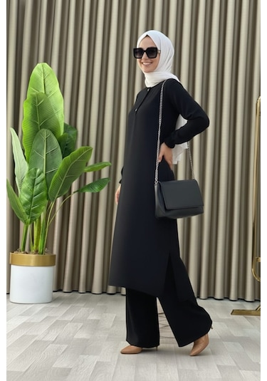 Tesettür İkili Takım Uzun Tunik Bol Paça Pantolon 4006-siyah Siyah Tesettür İkili Takım Uzun Tunik Bol Paça Pantolon 4006-siyah Siyah