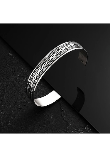 925 Ayar Gümüş İşlemeli Örgü Model Unısex Kelepçe Bileklik Gümüş