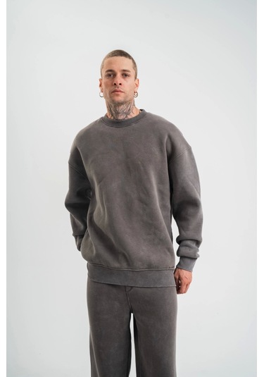 Unisex Uzun Kol Bisiklet Yaka Yıkamalı Sweatshirt - Füme Anrasit